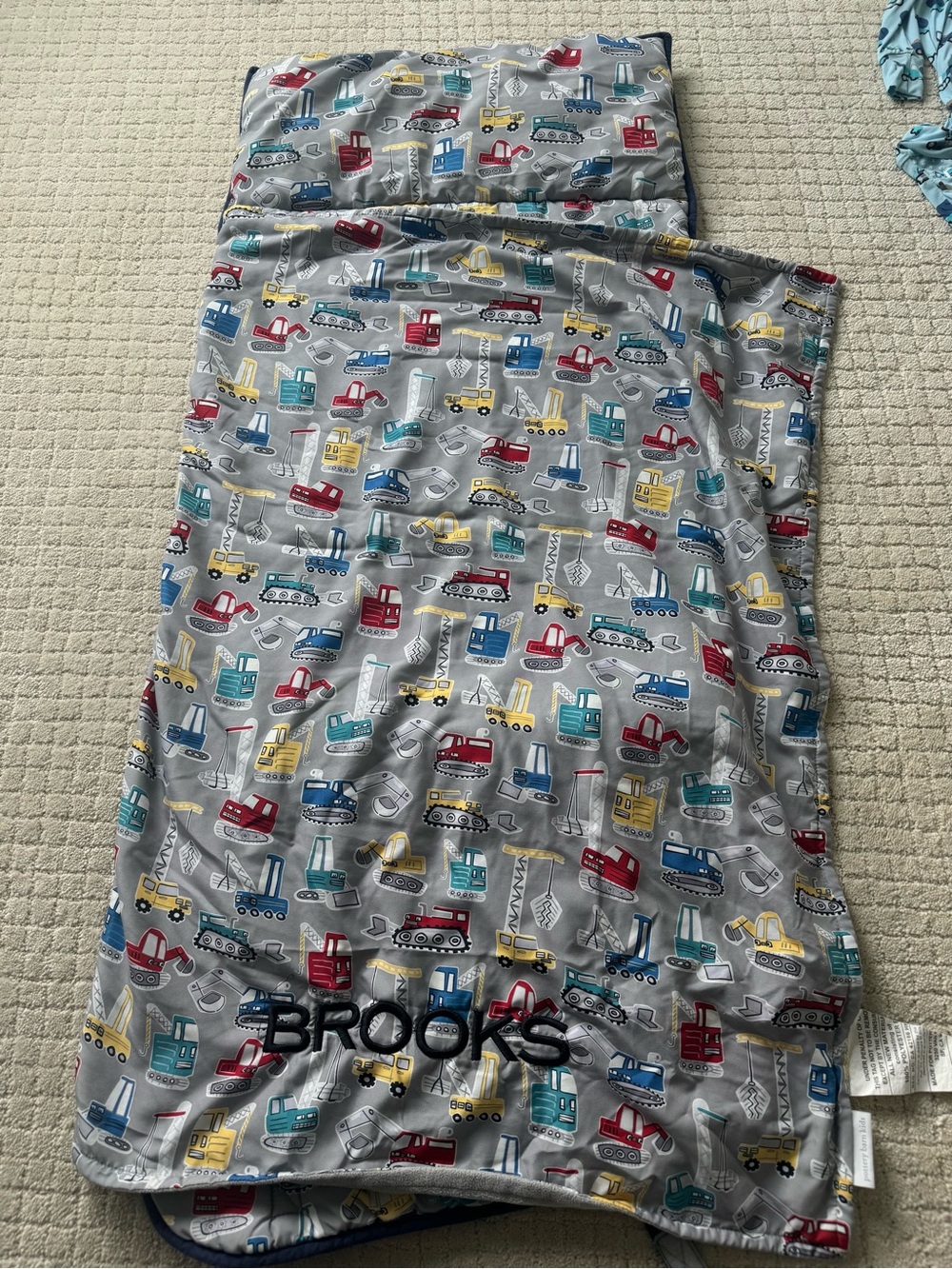 Pottery Barn Kids Gray Construction Vehicles “Brooks” Monogrammed Nap Mat - Picture 5 of 7
